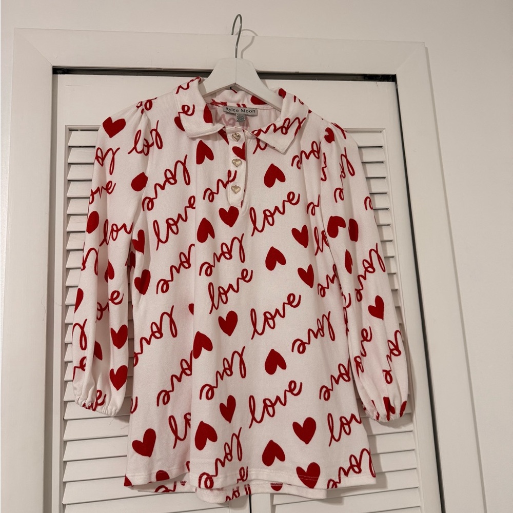 White & Red "Love" Heart Print Blouse